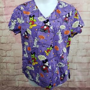 Womens Scrub Top sz L Halloween Mickey Mouse